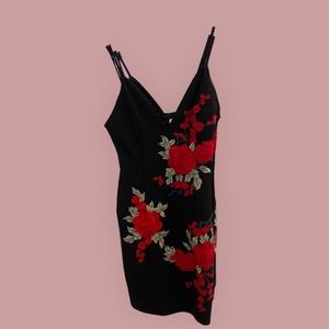 A’GACI Black Dress with Spaghetti Straps and Appliqué Roses—size small